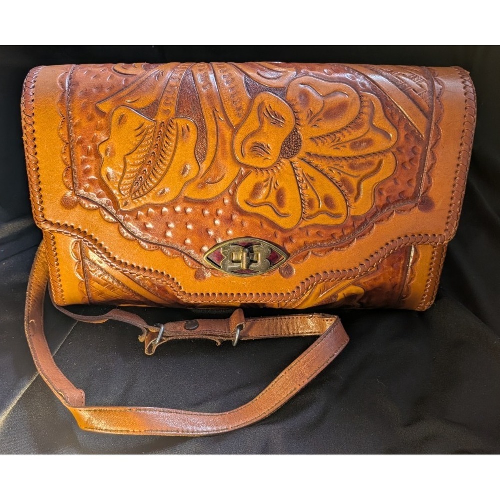 USED Vintage Tooled Leather Handbag Purse Bag Flap Brown Floral Western